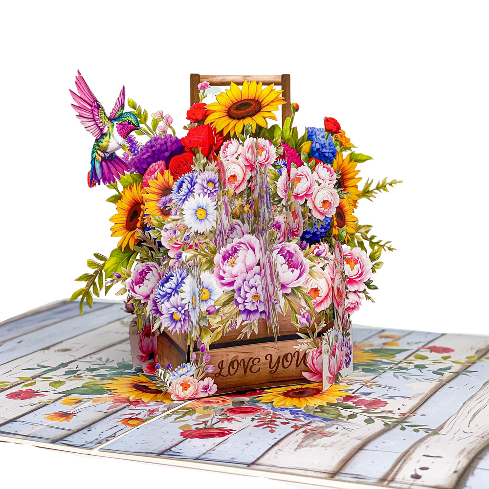 Floral Basket Pop Up Card – 3D Rustic Wooden Flower Box with Sunflowers, Roses, and Hummingbird – Heartfelt Mother’s Day, Birthday, Thank You Greeting Card for Mom, Grandma, Wife, Her