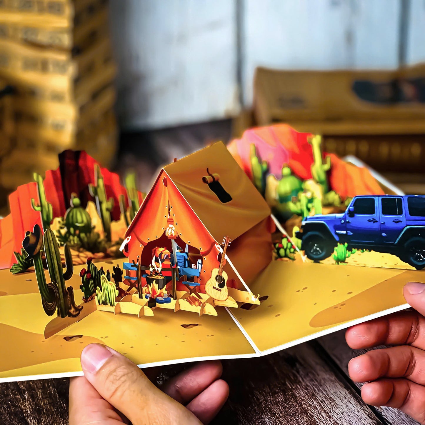 Pop Up Desert Camping Card – 3D Jeep and Tent in Cactus Canyon Scene – Fun Father’s Day, Birthday Greeting Card for Dad, Outdoor Adventure Lovers, Off-Road Fans, Western Style Dads