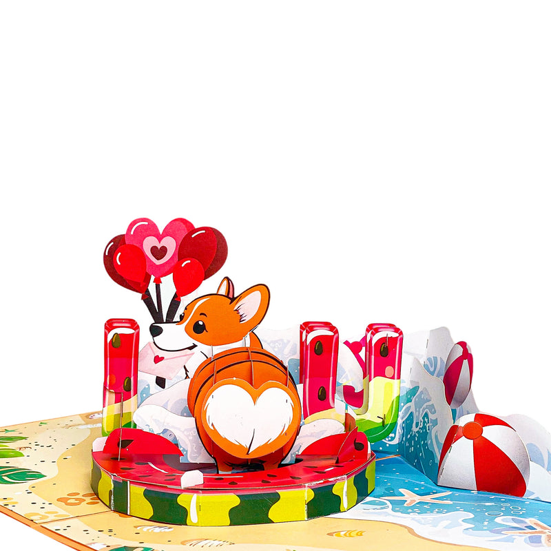 Corgi Beach Pop Up Card – Funny 3D Dog in Heart Floatie with Balloons and Waves – Cute Birthday, Valentine, Just Because Greeting Card for Dog Lovers, Her, Girlfriend, Kids, Animal Fans
