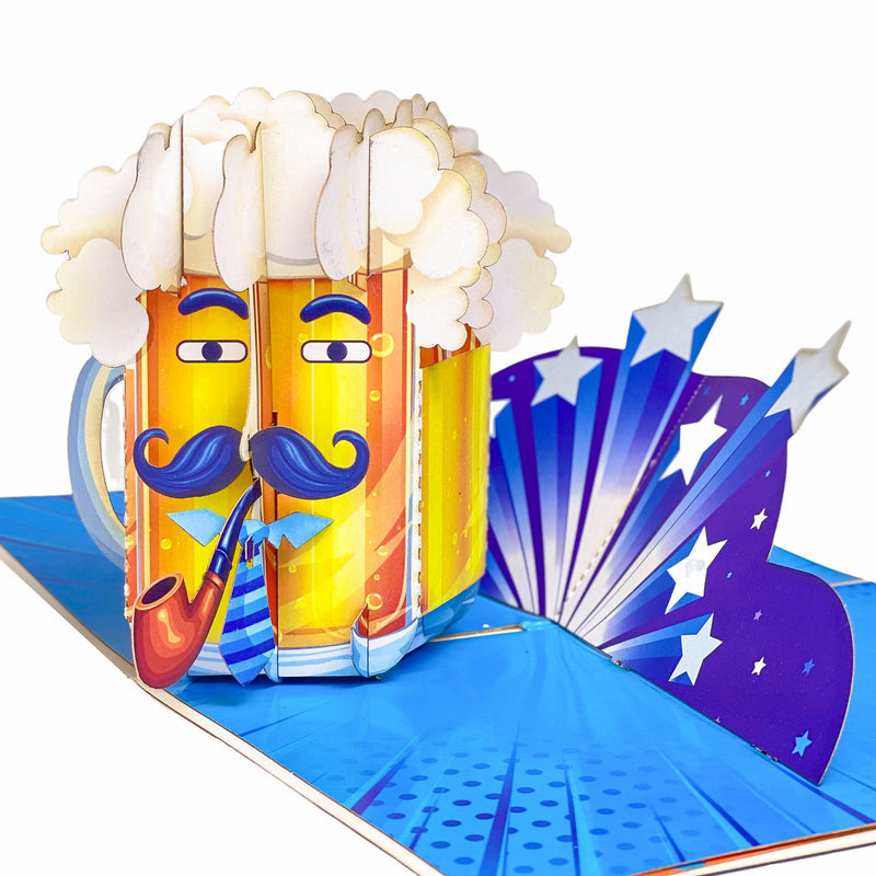 Pop Up Beer Mug Card – Funny 3D Beer Glass with Mustache, Pipe and Tie – Unique Father’s Day, Birthday Greeting Card for Dad, Grandpa, Husband, Beer Lovers, Men with Sense of Humor