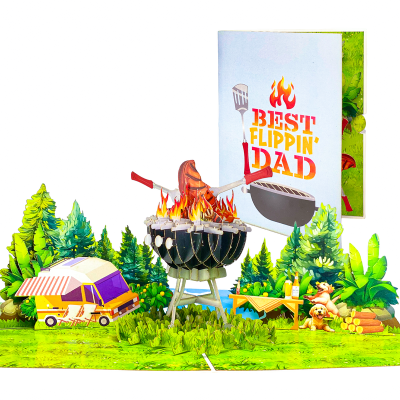 Best Flippin’ Dad Pop Up Card – Funny 3D BBQ Grill Scene with Steak, Fire and Camper – Perfect Father’s Day or Birthday Card for Dad, Husband, Grill Masters, Backyard Chefs, Dog Dads