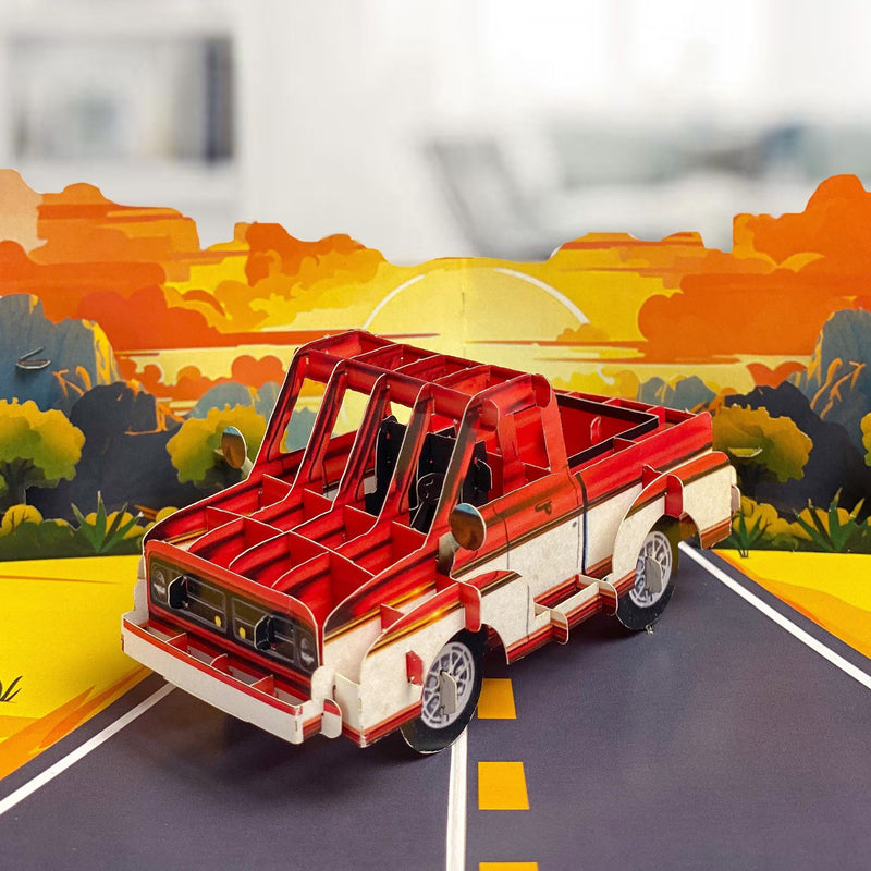 Pop Up Retro Truck Card – 3D Classic Red Pickup on Sunset Road – Perfect Father’s Day, Birthday Greeting Card for Dad, Grandpa, Husband, Car Lovers, Vintage Auto Fans, Americana Style Men