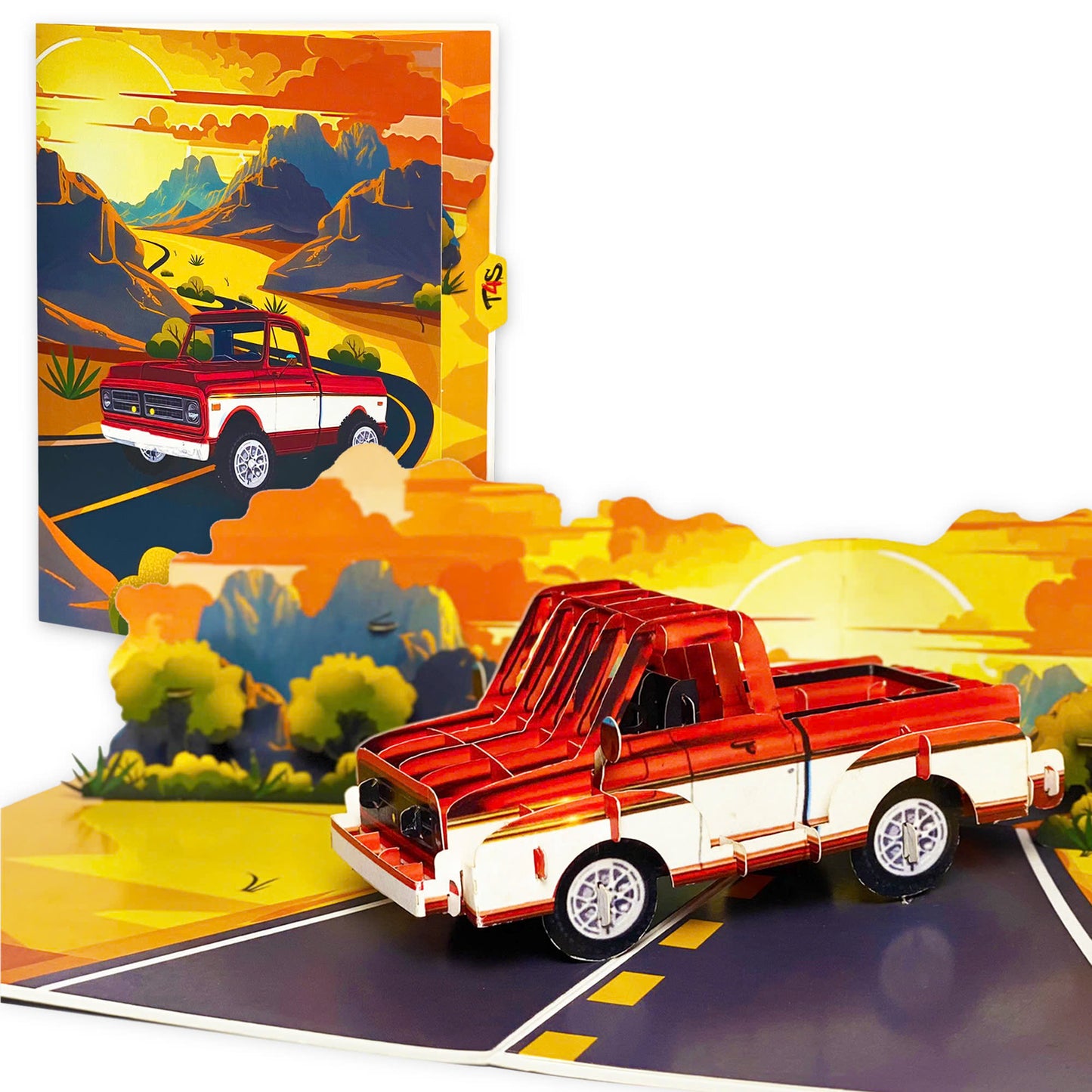 Pop Up Retro Truck Card – 3D Classic Red Pickup on Sunset Road – Perfect Father’s Day, Birthday Greeting Card for Dad, Grandpa, Husband, Car Lovers, Vintage Auto Fans, Americana Style Men