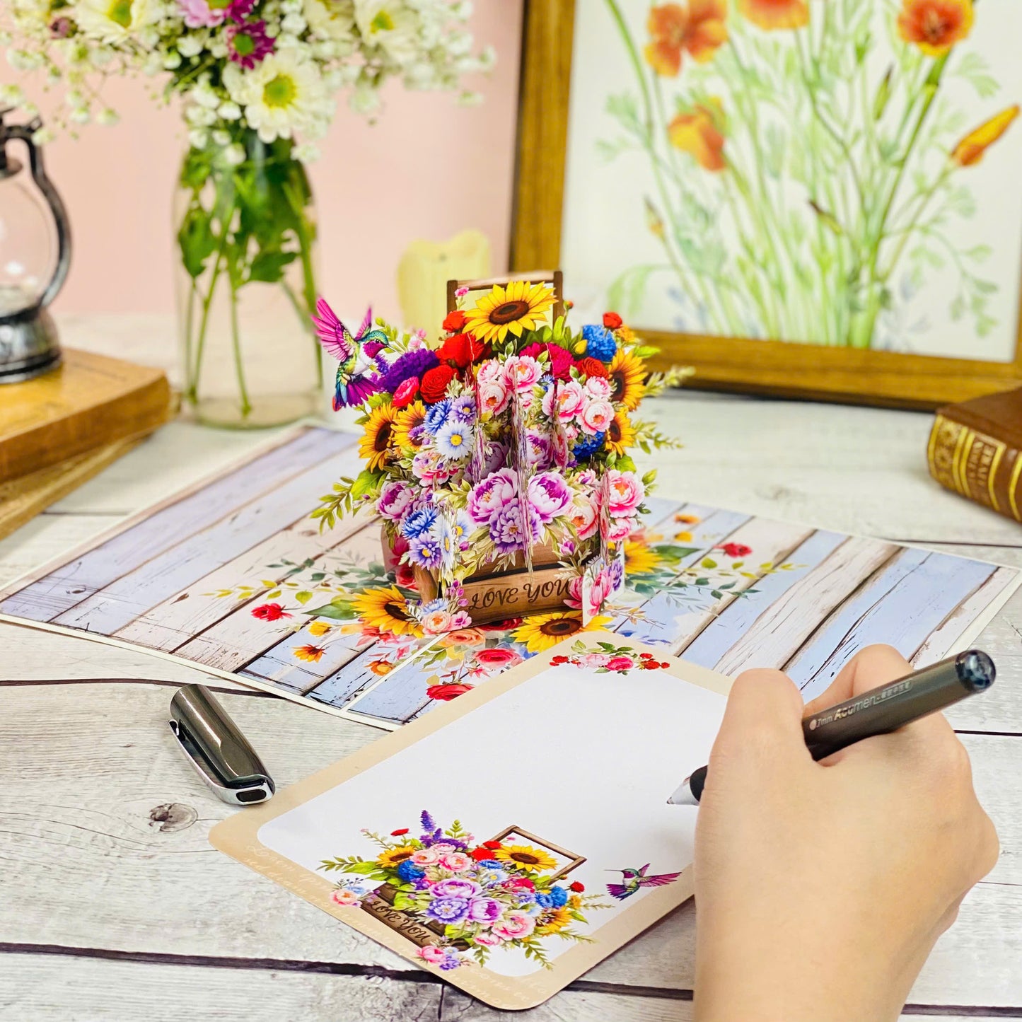 Floral Basket Pop Up Card – 3D Rustic Wooden Flower Box with Sunflowers, Roses, and Hummingbird – Heartfelt Mother’s Day, Birthday, Thank You Greeting Card for Mom, Grandma, Wife, Her