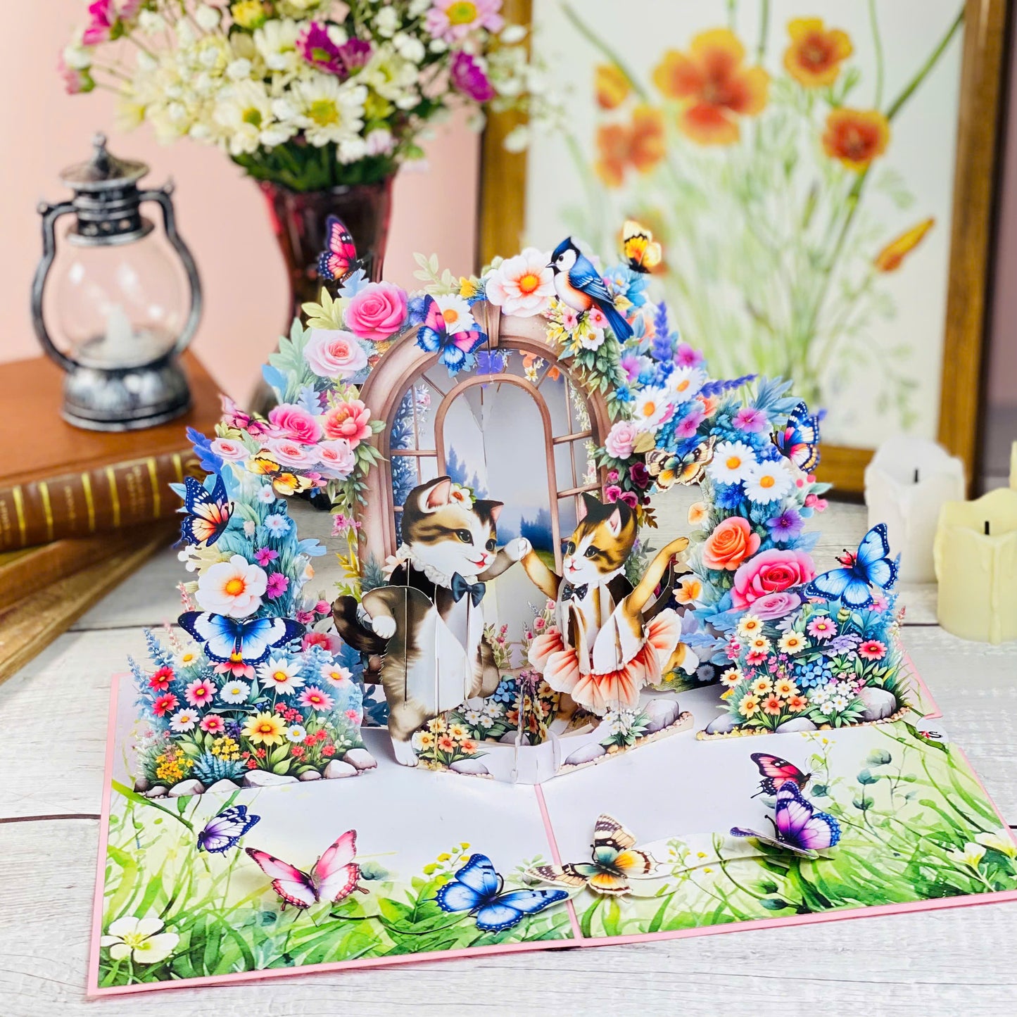 Dancing Cats Pop Up Card – 3D Ballerina Kittens in Magical Garden with Flowers and Butterflies – Whimsical Birthday, Valentine, or Just Because Greeting Card for Her, Cat Lovers, Kids