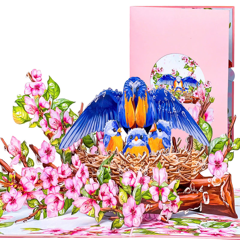 Mother Bird Pop Up Card – 3D Bluebird Nest with Baby Birds and Pink Blossoms – Heartwarming Mother’s Day, Birthday, Thank You Greeting Card for Mom, Grandma, Wife, Her, Nature Lovers