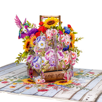 Floral Basket Pop Up Card – 3D Rustic Wooden Flower Box with Sunflowers, Roses, and Hummingbird – Heartfelt Mother’s Day, Birthday, Thank You Greeting Card for Mom, Grandma, Wife, Her