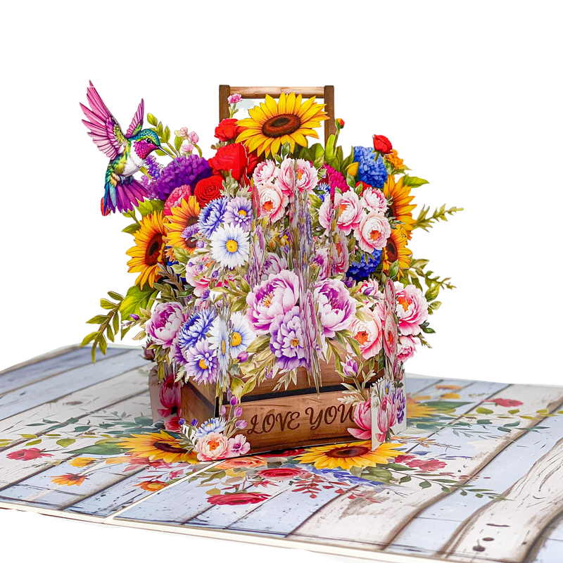 Floral Basket Pop Up Card – 3D Rustic Wooden Flower Box with Sunflowers, Roses, and Hummingbird – Heartfelt Mother’s Day, Birthday, Thank You Greeting Card for Mom, Grandma, Wife, Her