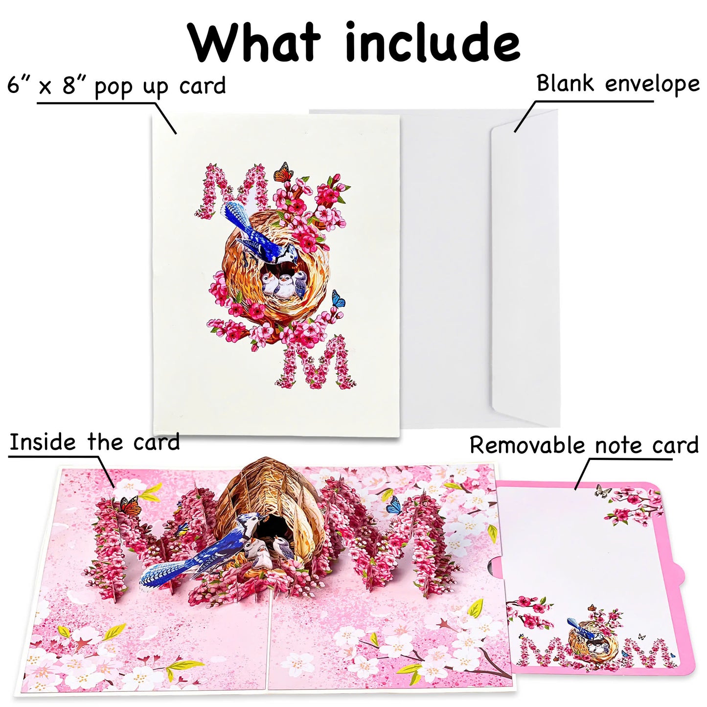 MOM Bird Nest Pop Up Card – 3D Bluebird Feeding Nestlings Surrounded by Cherry Blossoms – Beautiful Mother’s Day, Birthday, Thank You Greeting Card for Mom, Grandma, Wife, or Her