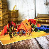 Pop Up Desert Camping Card – 3D Jeep and Tent in Cactus Canyon Scene – Fun Father’s Day, Birthday Greeting Card for Dad, Outdoor Adventure Lovers, Off-Road Fans, Western Style Dads