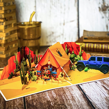 Pop Up Desert Camping Card – 3D Jeep and Tent in Cactus Canyon Scene – Fun Father’s Day, Birthday Greeting Card for Dad, Outdoor Adventure Lovers, Off-Road Fans, Western Style Dads