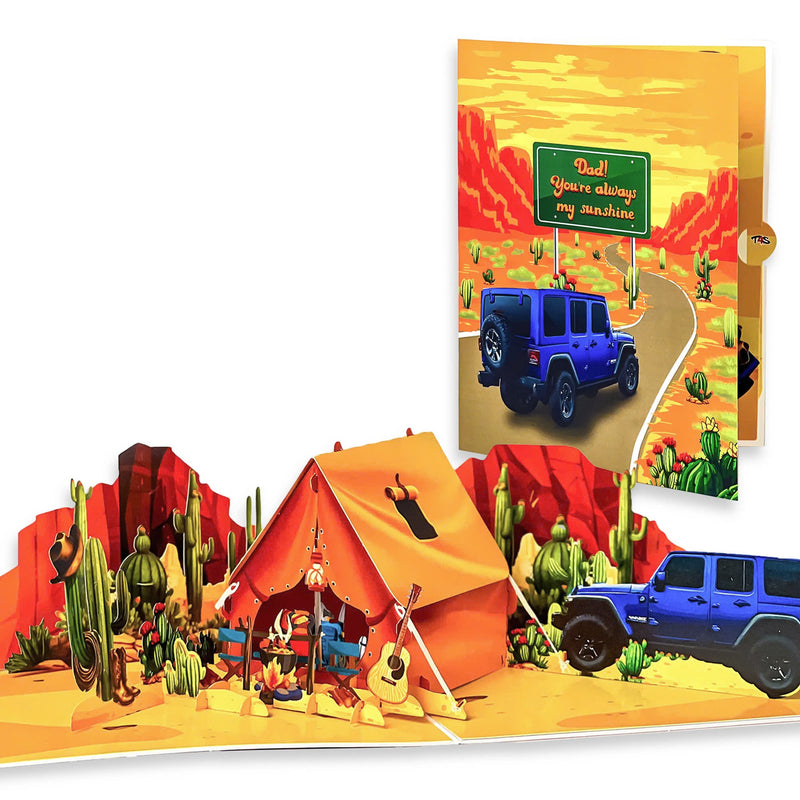 Pop Up Desert Camping Card – 3D Jeep and Tent in Cactus Canyon Scene – Fun Father’s Day, Birthday Greeting Card for Dad, Outdoor Adventure Lovers, Off-Road Fans, Western Style Dads