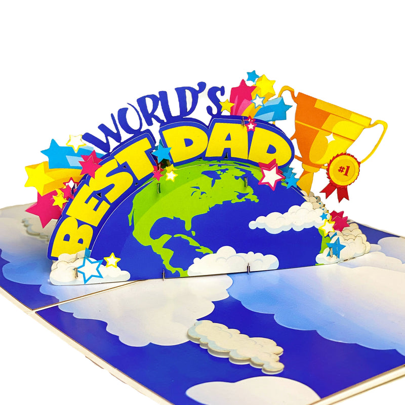 World’s Best Dad Pop Up Card – Colorful 3D Earth, Trophy, and Stars Design – Fun Father’s Day, Birthday Greeting Card for Dad, Stepdad, Grandpa, Kids to Father Gift, Appreciation or Celebration