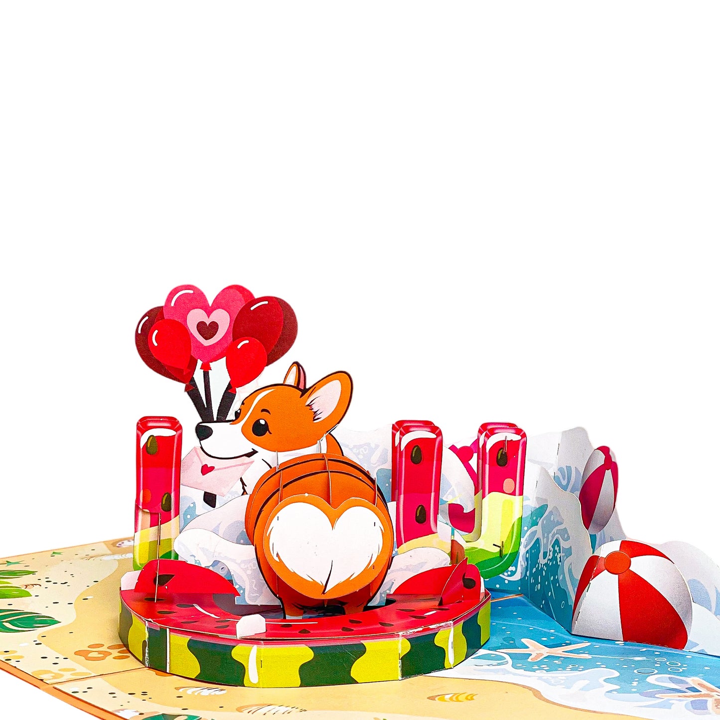 Corgi Beach Pop Up Card – Funny 3D Dog in Heart Floatie with Balloons and Waves – Cute Birthday, Valentine, Just Because Greeting Card for Dog Lovers, Her, Girlfriend, Kids, Animal Fans