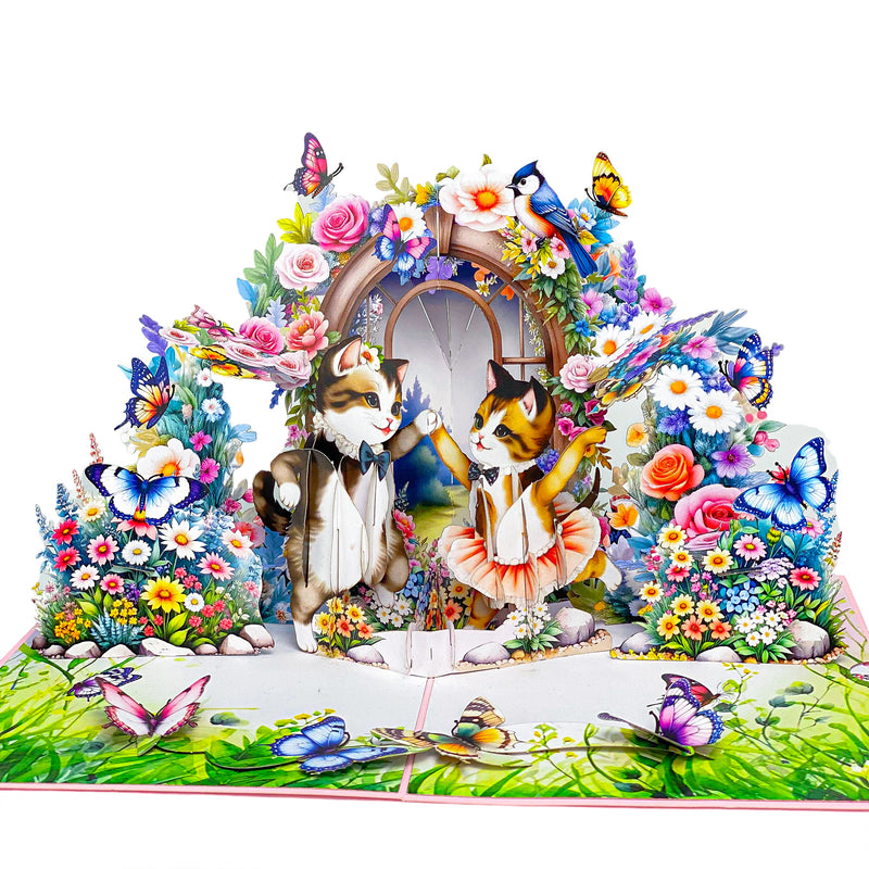 Dancing Cats Pop Up Card – 3D Ballerina Kittens in Magical Garden with Flowers and Butterflies – Whimsical Birthday, Valentine, or Just Because Greeting Card for Her, Cat Lovers, Kids