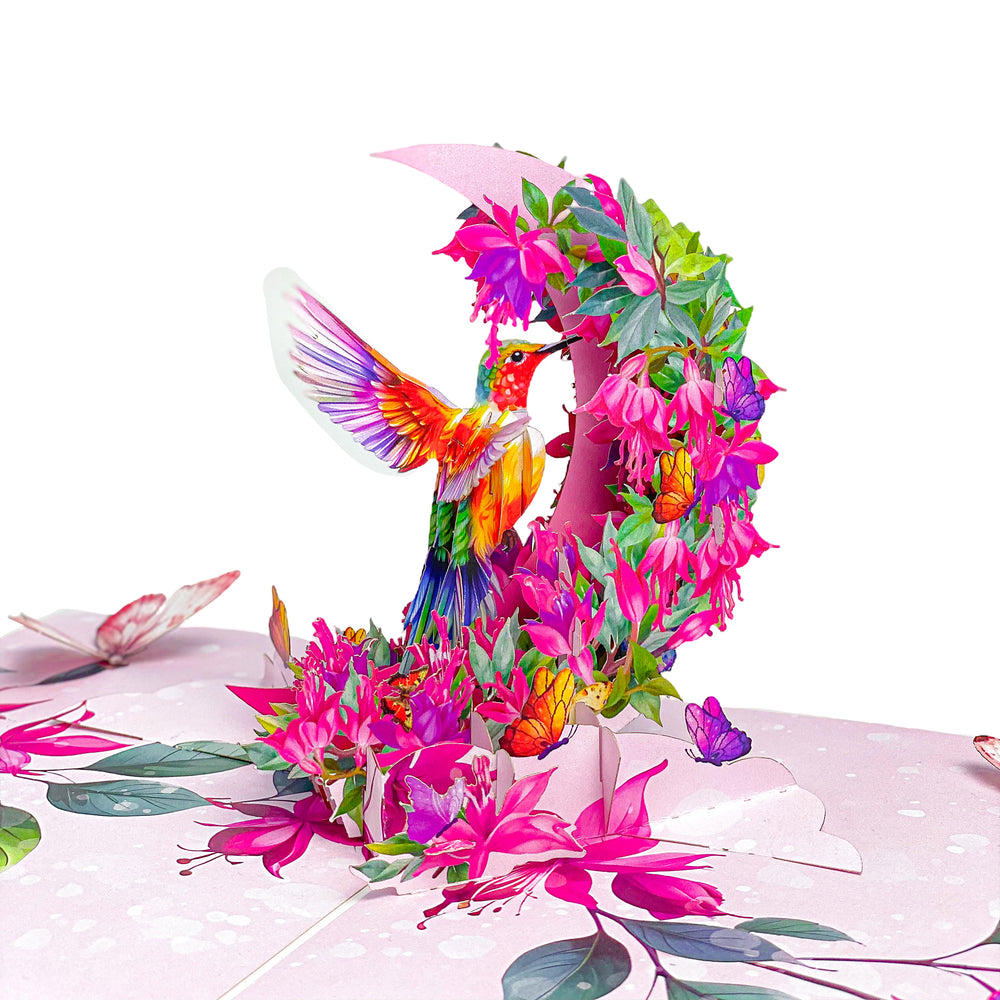 Hummingbird Pop Up Card – 3D Colorful Bird with Crescent Floral Ring and Lotus Flowers – Elegant Mother’s Day, Birthday, Thank You Greeting Card for Women, Nature Lovers, Mom, Grandma, Her