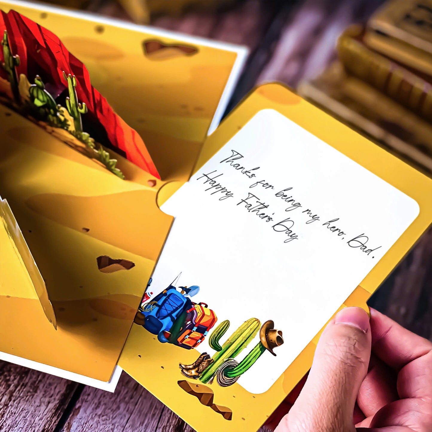 Pop Up Desert Camping Card – 3D Jeep and Tent in Cactus Canyon Scene – Fun Father’s Day, Birthday Greeting Card for Dad, Outdoor Adventure Lovers, Off-Road Fans, Western Style Dads