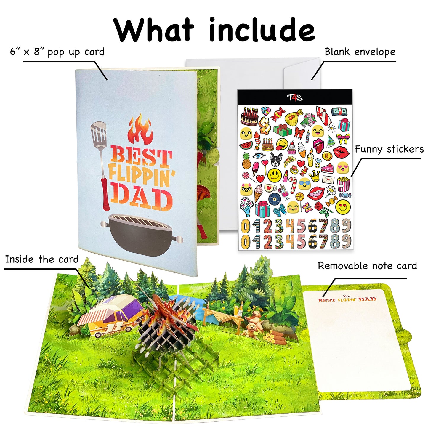 Best Flippin’ Dad Pop Up Card – Funny 3D BBQ Grill Scene with Steak, Fire and Camper – Perfect Father’s Day or Birthday Card for Dad, Husband, Grill Masters, Backyard Chefs, Dog Dads