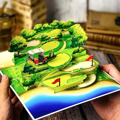 Pop Up Golf Card – 3D Multi-Level Golf Course with Cart, Clubs, and Flags – Perfect Father’s Day, Birthday Greeting Card for Golfer Dad, Grandpa, Boss, Husband, Coach, or Country Club Fans
