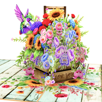 Floral Basket Pop Up Card – 3D Rustic Wooden Flower Box with Sunflowers, Roses, and Hummingbird – Heartfelt Mother’s Day, Birthday, Thank You Greeting Card for Mom, Grandma, Wife, Her