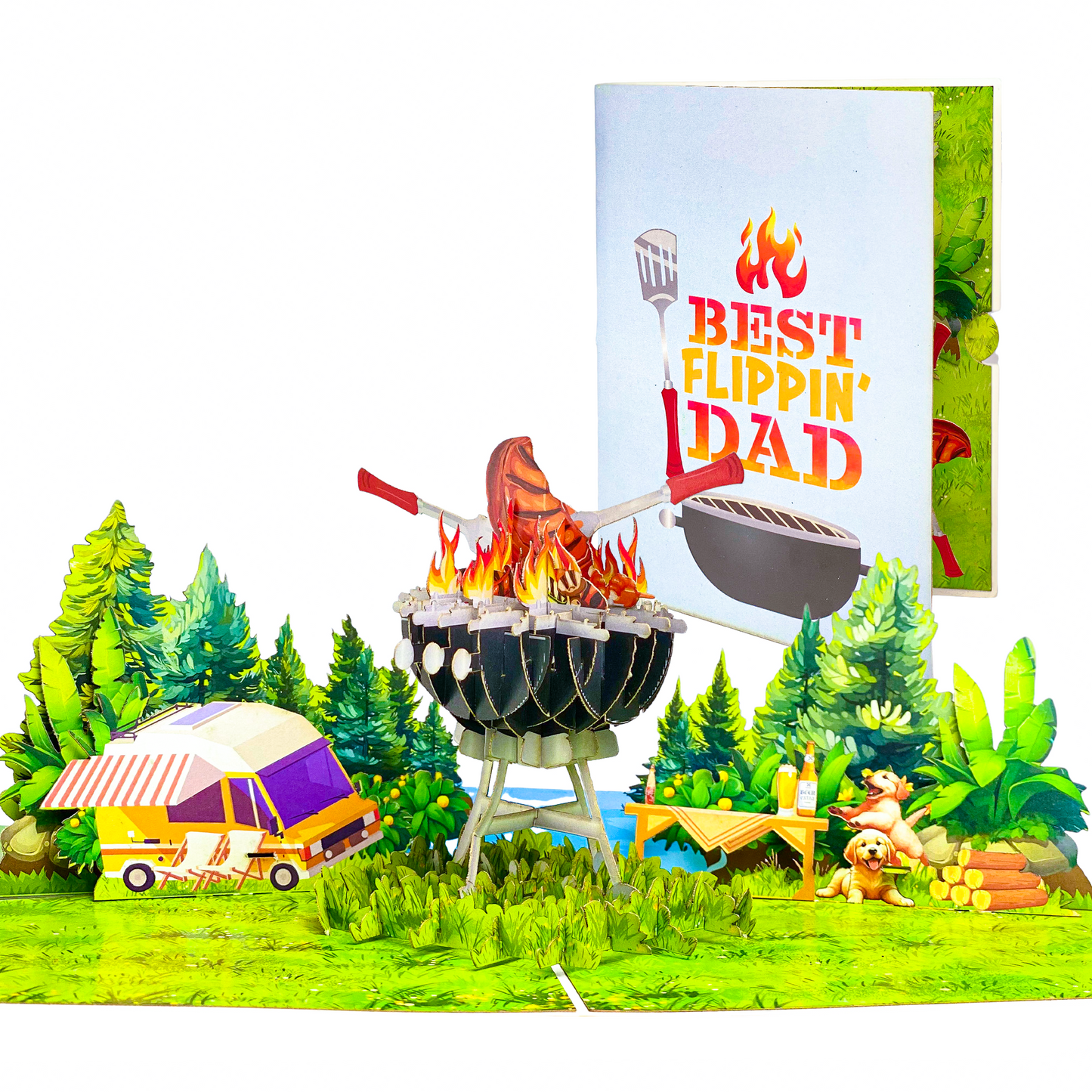 Best Flippin’ Dad Pop Up Card – Funny 3D BBQ Grill Scene with Steak, Fire and Camper – Perfect Father’s Day or Birthday Card for Dad, Husband, Grill Masters, Backyard Chefs, Dog Dads