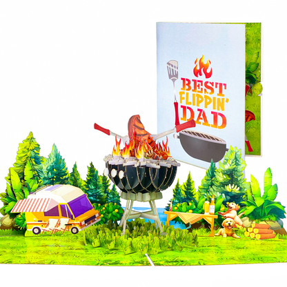 Best Flippin’ Dad Pop Up Card – Funny 3D BBQ Grill Scene with Steak, Fire and Camper – Perfect Father’s Day or Birthday Card for Dad, Husband, Grill Masters, Backyard Chefs, Dog Dads