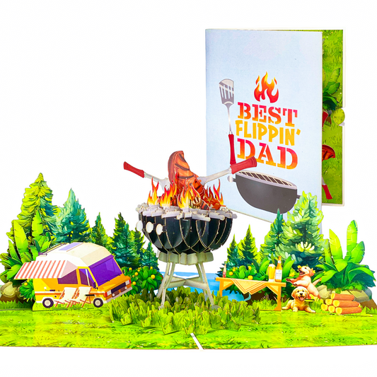 Best Flippin’ Dad Pop Up Card – Funny 3D BBQ Grill Scene with Steak, Fire and Camper – Perfect Father’s Day or Birthday Card for Dad, Husband, Grill Masters, Backyard Chefs, Dog Dads