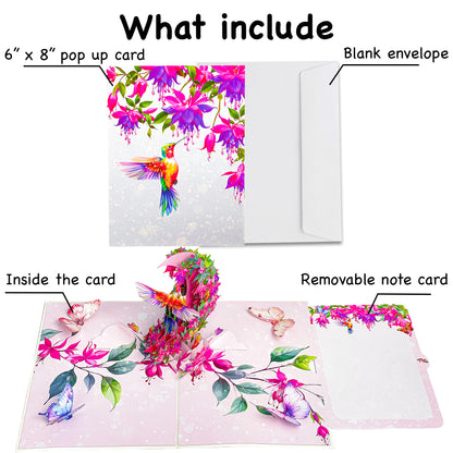 Hummingbird Pop Up Card – 3D Colorful Bird with Crescent Floral Ring and Lotus Flowers – Elegant Mother’s Day, Birthday, Thank You Greeting Card for Women, Nature Lovers, Mom, Grandma, Her