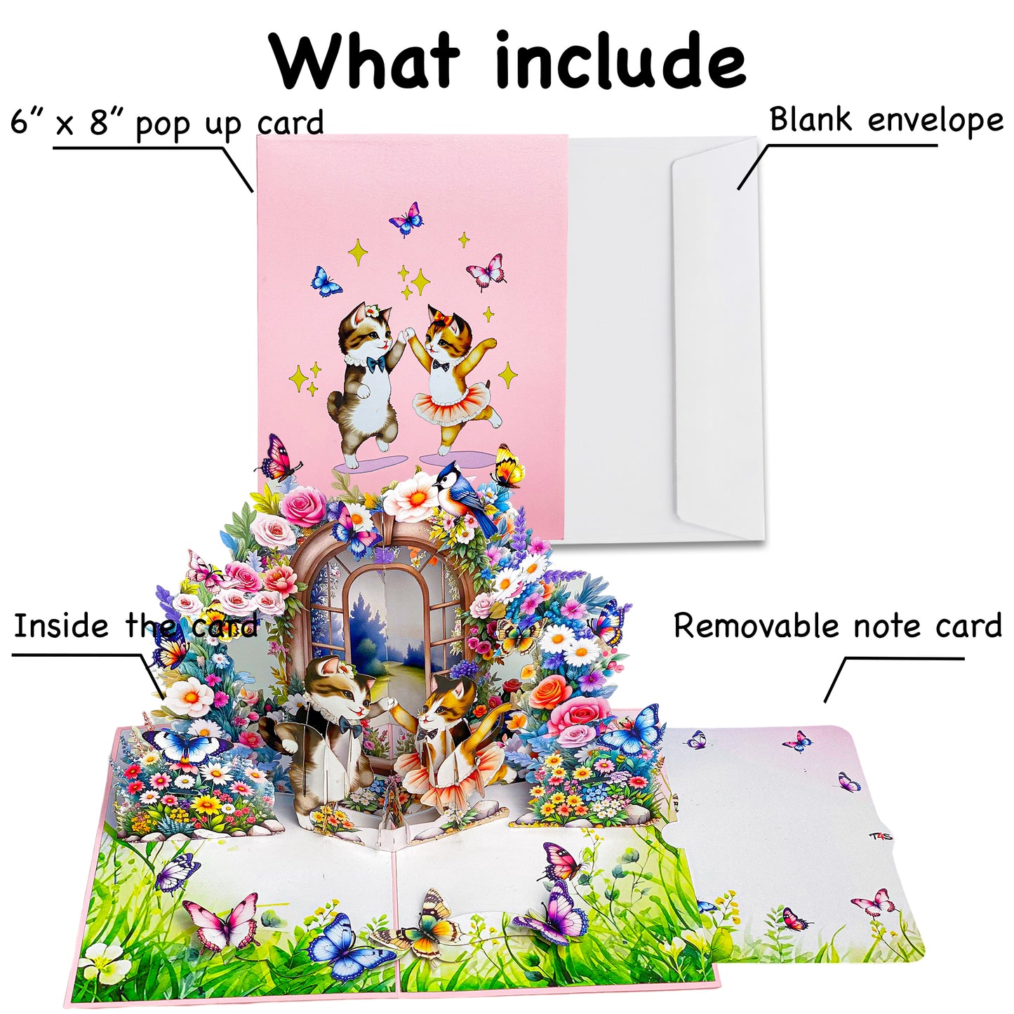 Dancing Cats Pop Up Card – 3D Ballerina Kittens in Magical Garden with Flowers and Butterflies – Whimsical Birthday, Valentine, or Just Because Greeting Card for Her, Cat Lovers, Kids