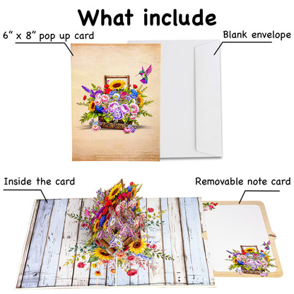 Floral Basket Pop Up Card – 3D Rustic Wooden Flower Box with Sunflowers, Roses, and Hummingbird – Heartfelt Mother’s Day, Birthday, Thank You Greeting Card for Mom, Grandma, Wife, Her