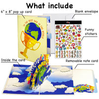 World’s Best Dad Pop Up Card – Colorful 3D Earth, Trophy, and Stars Design – Fun Father’s Day, Birthday Greeting Card for Dad, Stepdad, Grandpa, Kids to Father Gift, Appreciation or Celebration