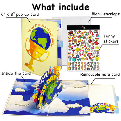 World’s Best Dad Pop Up Card – Colorful 3D Earth, Trophy, and Stars Design – Fun Father’s Day, Birthday Greeting Card for Dad, Stepdad, Grandpa, Kids to Father Gift, Appreciation or Celebration