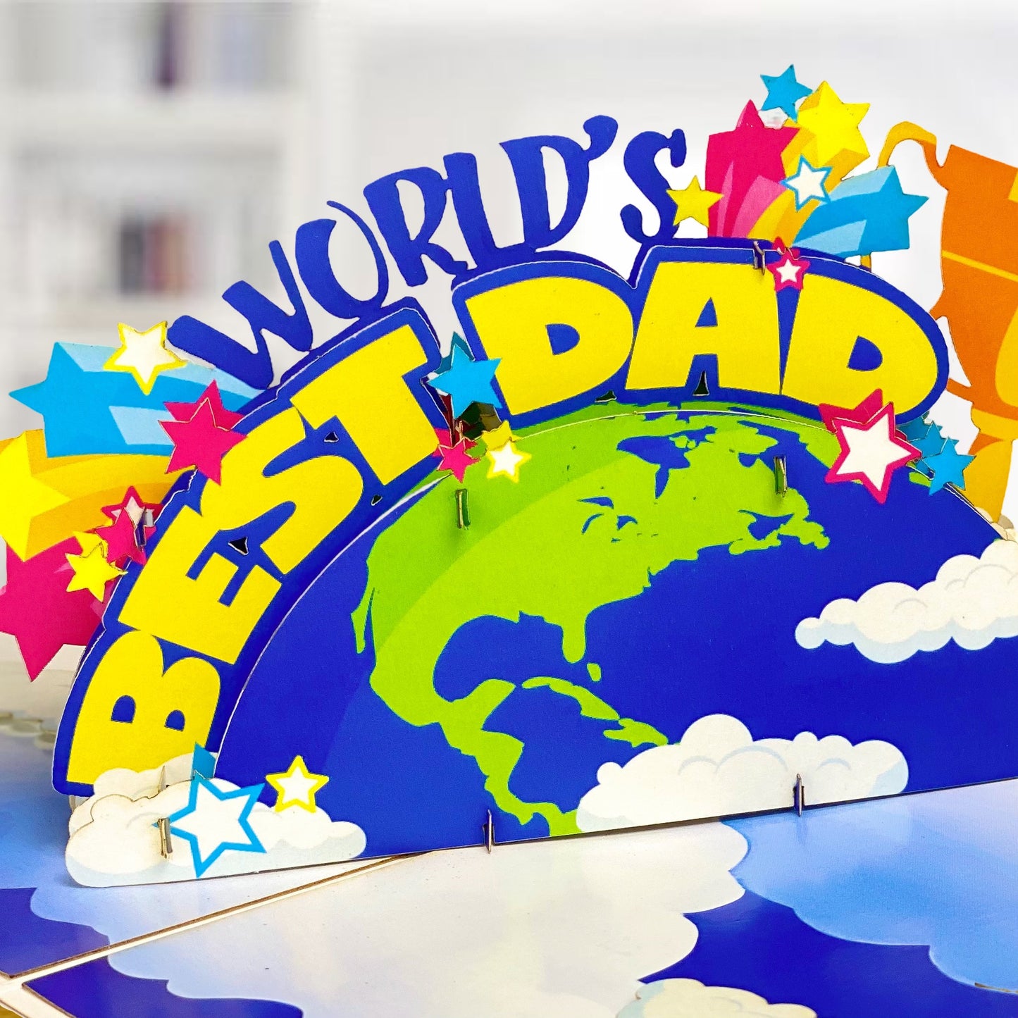 World’s Best Dad Pop Up Card – Colorful 3D Earth, Trophy, and Stars Design – Fun Father’s Day, Birthday Greeting Card for Dad, Stepdad, Grandpa, Kids to Father Gift, Appreciation or Celebration