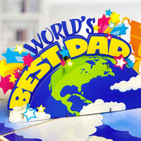 World’s Best Dad Pop Up Card – Colorful 3D Earth, Trophy, and Stars Design – Fun Father’s Day, Birthday Greeting Card for Dad, Stepdad, Grandpa, Kids to Father Gift, Appreciation or Celebration