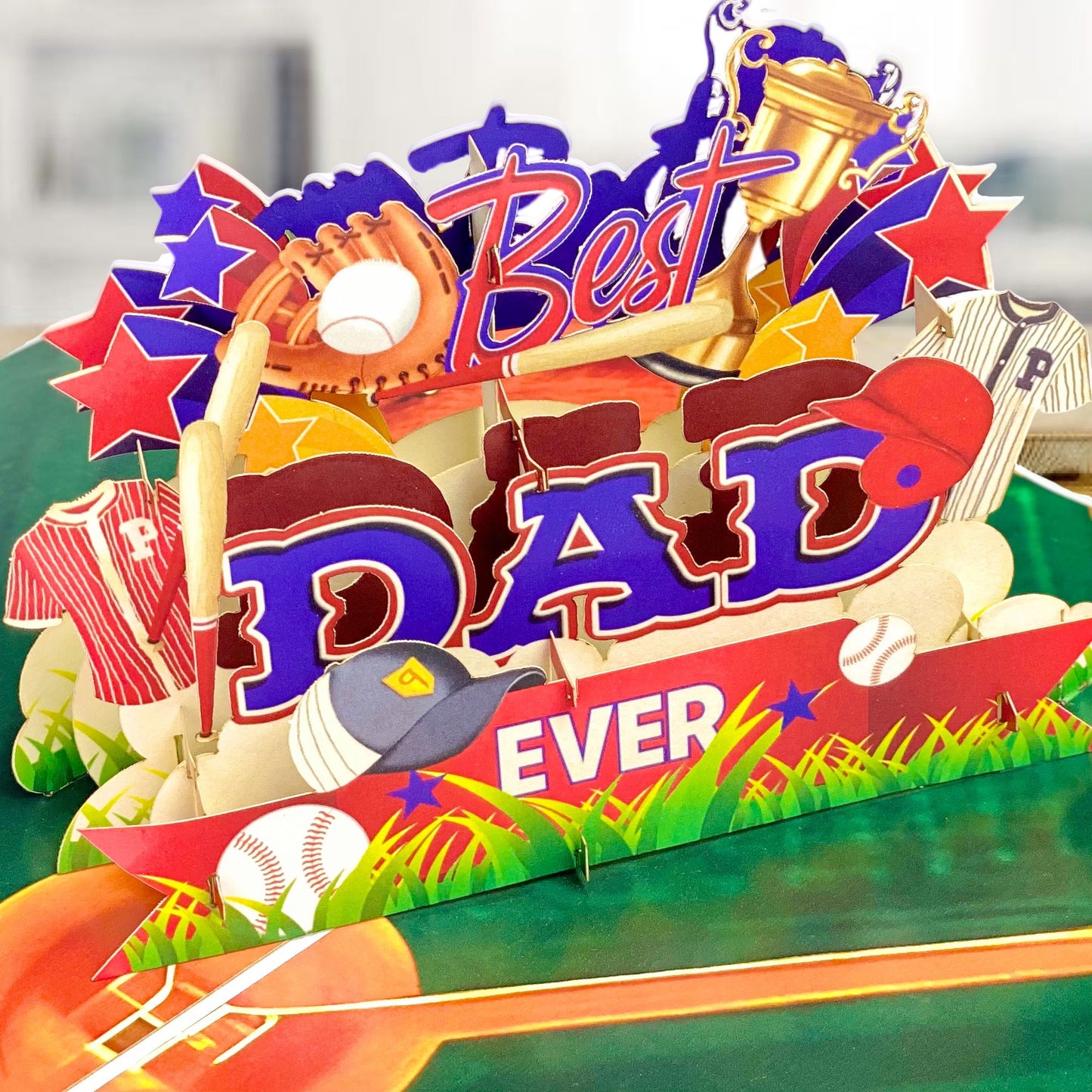 Best Dad Ever Baseball Pop Up Card – 3D Sports Themed Greeting with Bat, Ball, Jerseys and Trophy – Perfect Father’s Day or Birthday Card for Dad, Coach, Grandpa, Baseball Fans, Sporty Dads