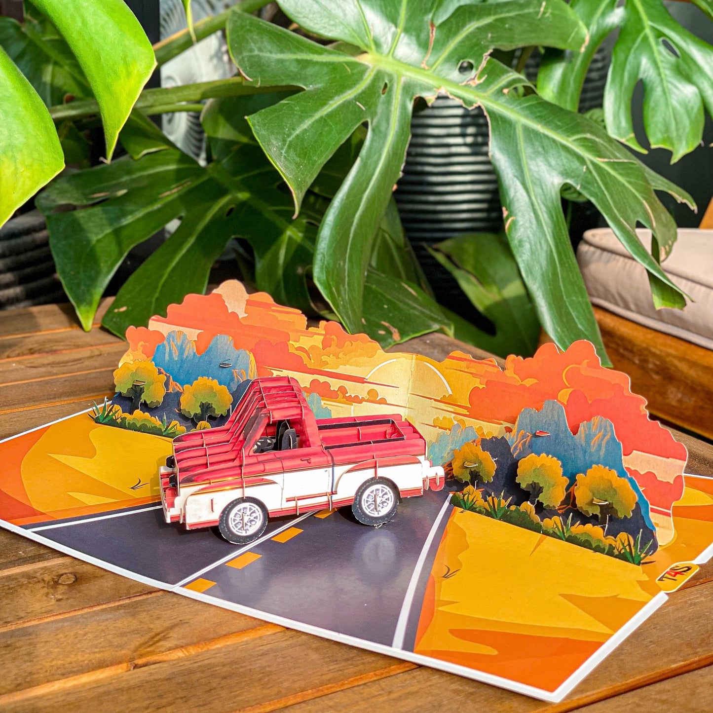 Pop Up Retro Truck Card – 3D Classic Red Pickup on Sunset Road – Perfect Father’s Day, Birthday Greeting Card for Dad, Grandpa, Husband, Car Lovers, Vintage Auto Fans, Americana Style Men
