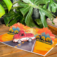 Pop Up Retro Truck Card – 3D Classic Red Pickup on Sunset Road – Perfect Father’s Day, Birthday Greeting Card for Dad, Grandpa, Husband, Car Lovers, Vintage Auto Fans, Americana Style Men