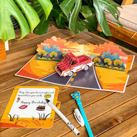 Pop Up Retro Truck Card – 3D Classic Red Pickup on Sunset Road – Perfect Father’s Day, Birthday Greeting Card for Dad, Grandpa, Husband, Car Lovers, Vintage Auto Fans, Americana Style Men