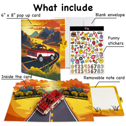 Pop Up Retro Truck Card – 3D Classic Red Pickup on Sunset Road – Perfect Father’s Day, Birthday Greeting Card for Dad, Grandpa, Husband, Car Lovers, Vintage Auto Fans, Americana Style Men