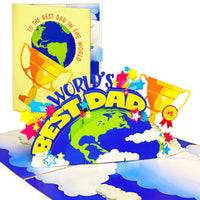 World’s Best Dad Pop Up Card – Colorful 3D Earth, Trophy, and Stars Design – Fun Father’s Day, Birthday Greeting Card for Dad, Stepdad, Grandpa, Kids to Father Gift, Appreciation or Celebration