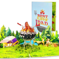 Best Flippin’ Dad Pop Up Card – Funny 3D BBQ Grill Scene with Steak, Fire and Camper – Perfect Father’s Day or Birthday Card for Dad, Husband, Grill Masters, Backyard Chefs, Dog Dads