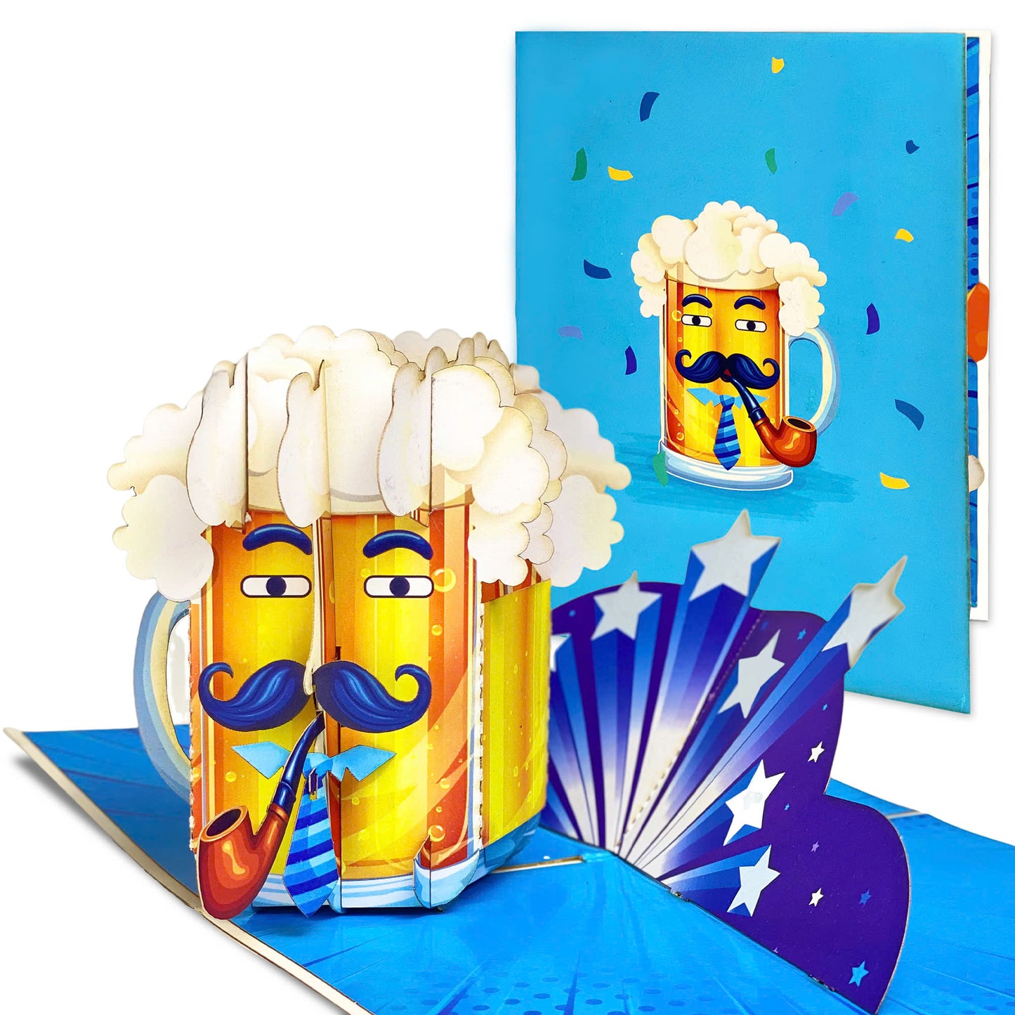 Pop Up Beer Mug Card – Funny 3D Beer Glass with Mustache, Pipe and Tie – Unique Father’s Day, Birthday Greeting Card for Dad, Grandpa, Husband, Beer Lovers, Men with Sense of Humor