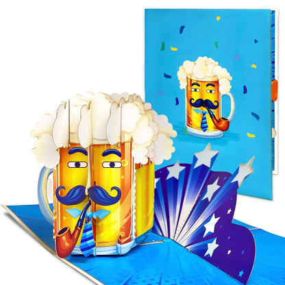 Pop Up Beer Mug Card – Funny 3D Beer Glass with Mustache, Pipe and Tie – Unique Father’s Day, Birthday Greeting Card for Dad, Grandpa, Husband, Beer Lovers, Men with Sense of Humor