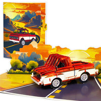 Pop Up Retro Truck Card – 3D Classic Red Pickup on Sunset Road – Perfect Father’s Day, Birthday Greeting Card for Dad, Grandpa, Husband, Car Lovers, Vintage Auto Fans, Americana Style Men