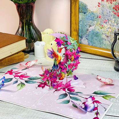 Hummingbird Pop Up Card – 3D Colorful Bird with Crescent Floral Ring and Lotus Flowers – Elegant Mother’s Day, Birthday, Thank You Greeting Card for Women, Nature Lovers, Mom, Grandma, Her