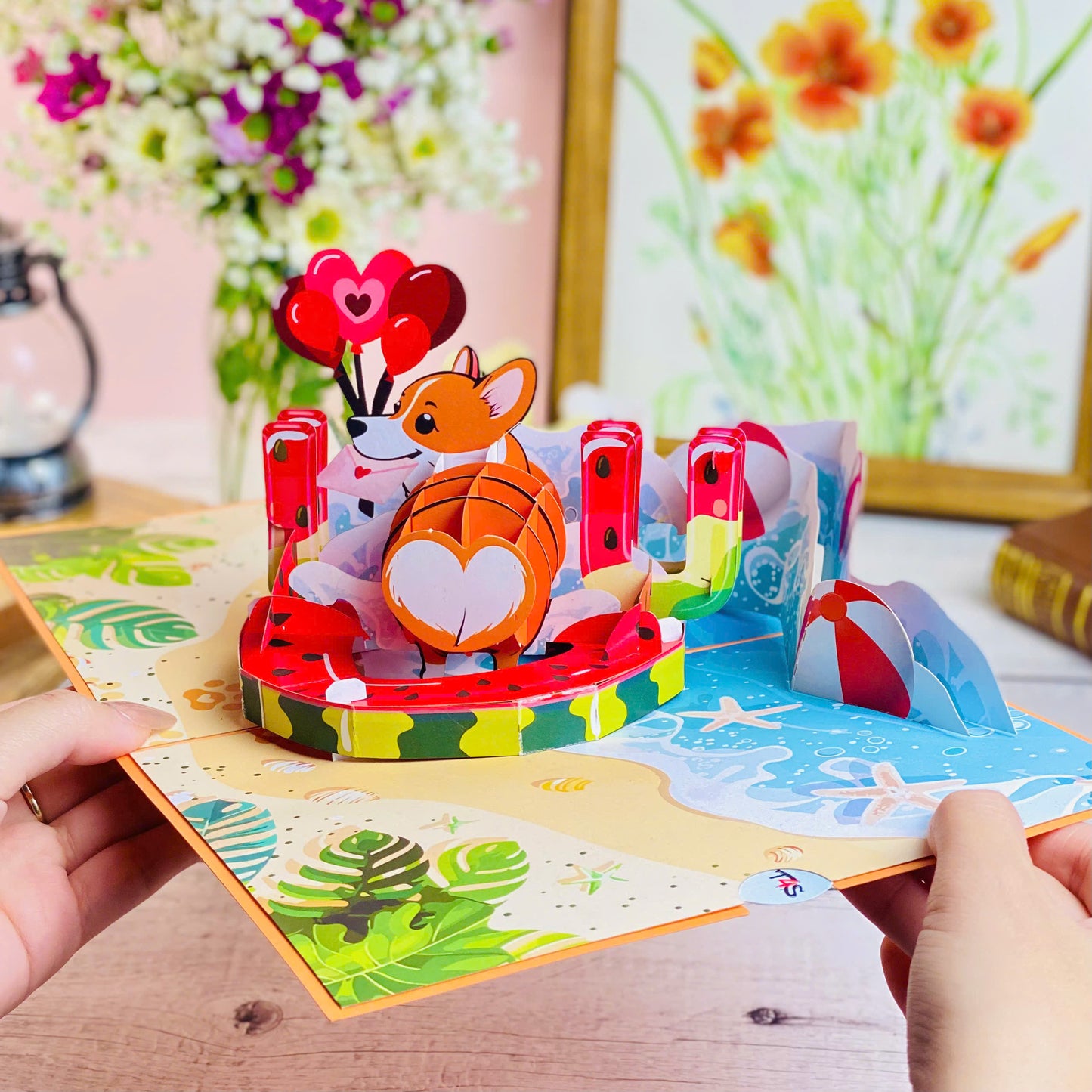 Corgi Beach Pop Up Card – Funny 3D Dog in Heart Floatie with Balloons and Waves – Cute Birthday, Valentine, Just Because Greeting Card for Dog Lovers, Her, Girlfriend, Kids, Animal Fans