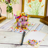 Floral Basket Pop Up Card – 3D Rustic Wooden Flower Box with Sunflowers, Roses, and Hummingbird – Heartfelt Mother’s Day, Birthday, Thank You Greeting Card for Mom, Grandma, Wife, Her