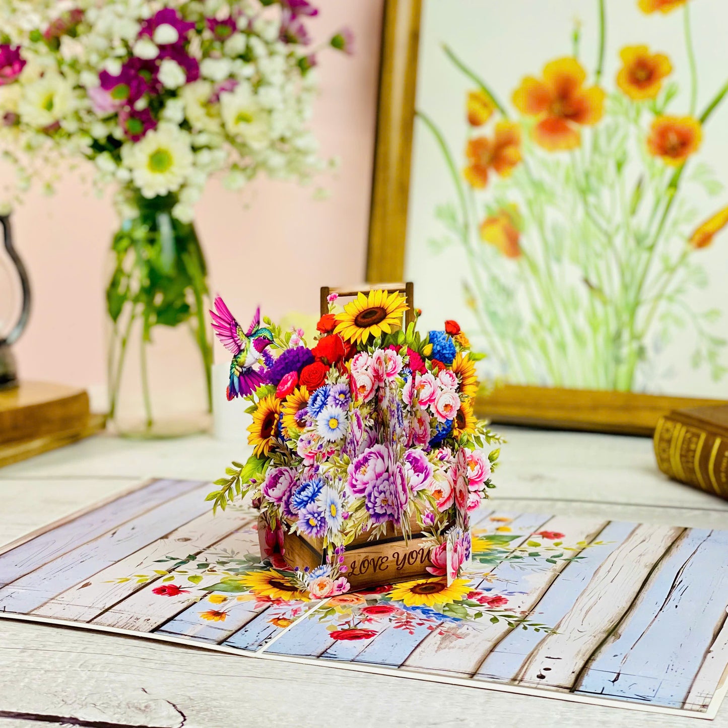 Floral Basket Pop Up Card – 3D Rustic Wooden Flower Box with Sunflowers, Roses, and Hummingbird – Heartfelt Mother’s Day, Birthday, Thank You Greeting Card for Mom, Grandma, Wife, Her