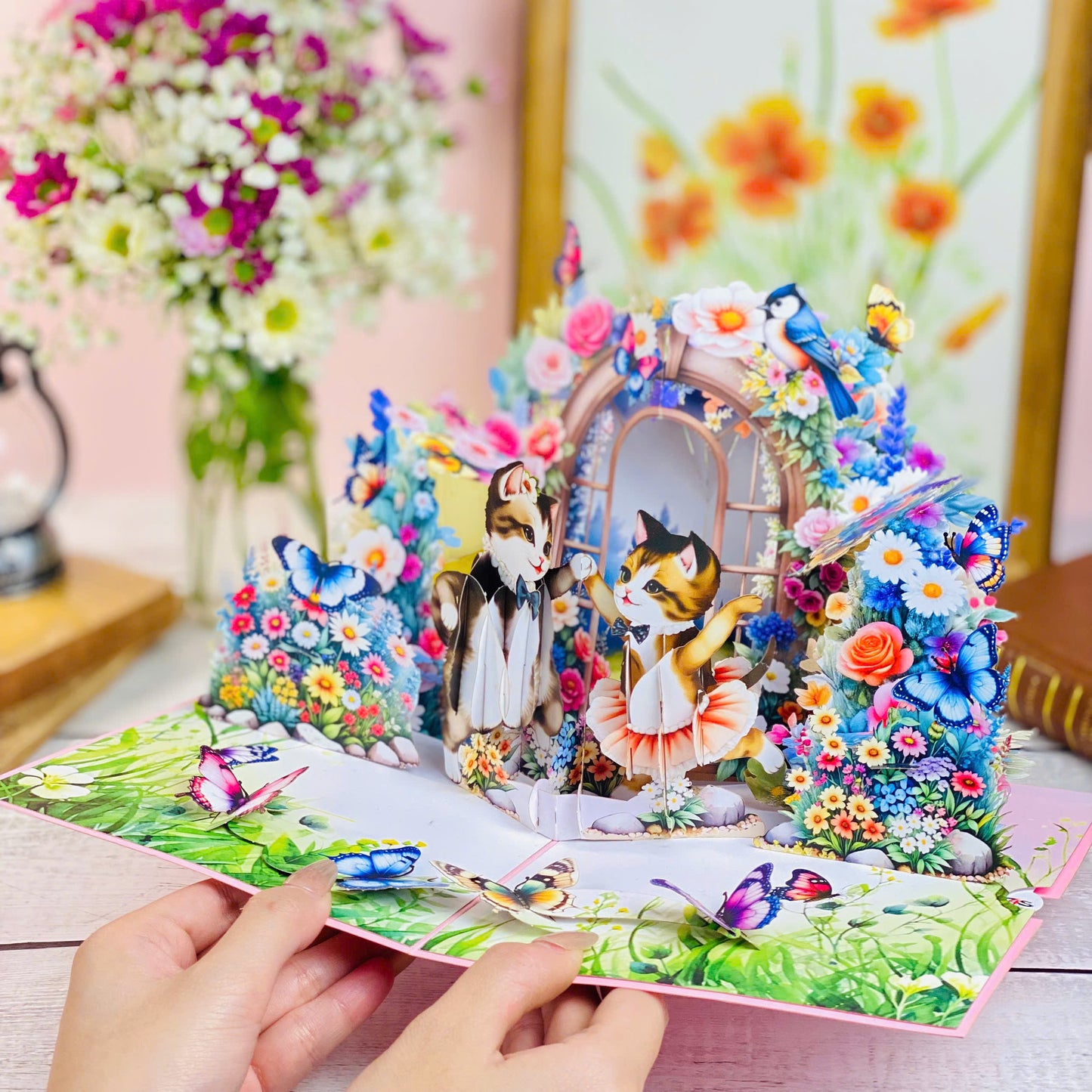 Dancing Cats Pop Up Card – 3D Ballerina Kittens in Magical Garden with Flowers and Butterflies – Whimsical Birthday, Valentine, or Just Because Greeting Card for Her, Cat Lovers, Kids