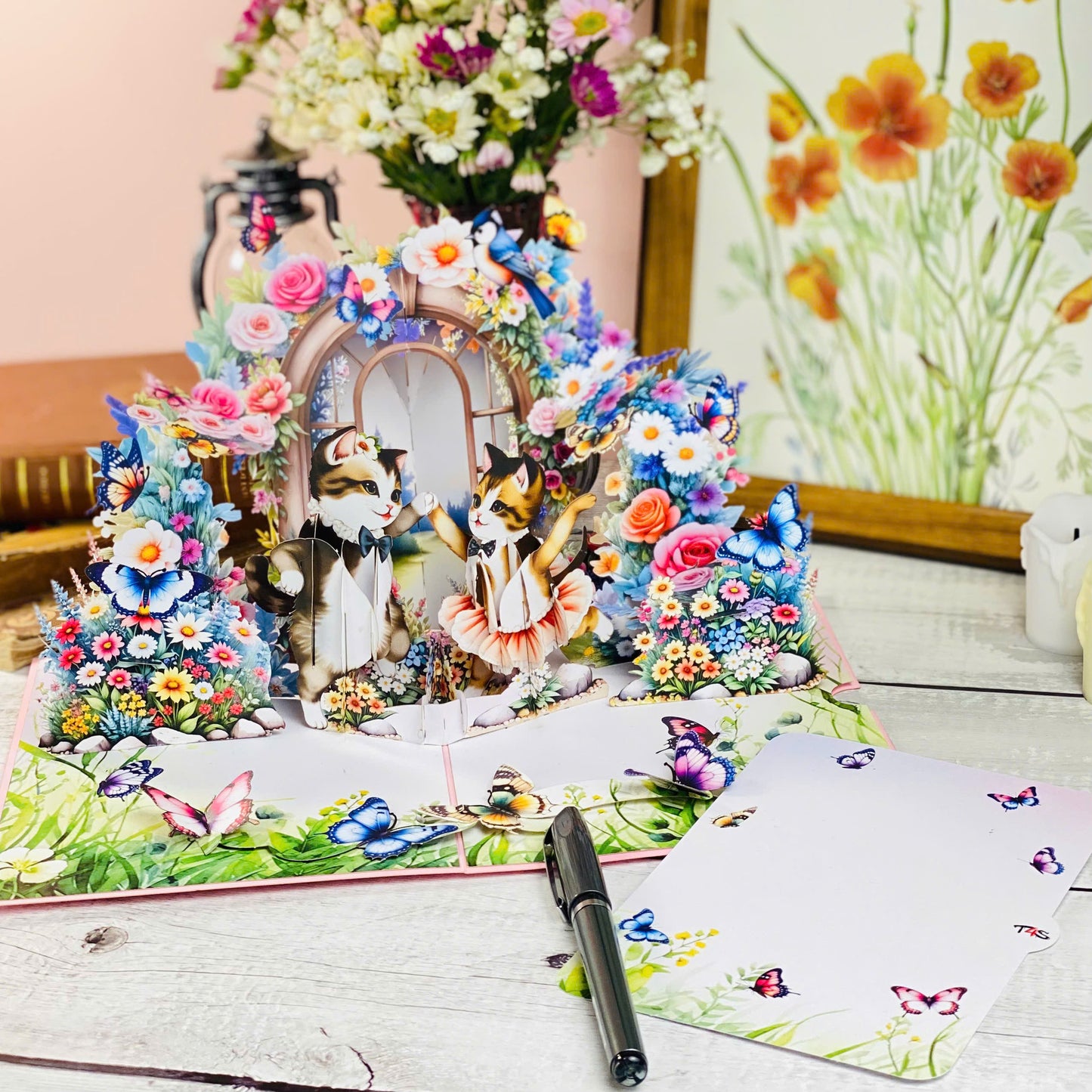 Dancing Cats Pop Up Card – 3D Ballerina Kittens in Magical Garden with Flowers and Butterflies – Whimsical Birthday, Valentine, or Just Because Greeting Card for Her, Cat Lovers, Kids